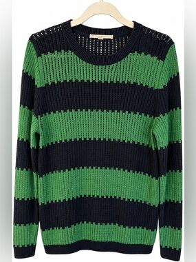 LOFT Green and Navy Striped Open-Knit Crewneck Sweater